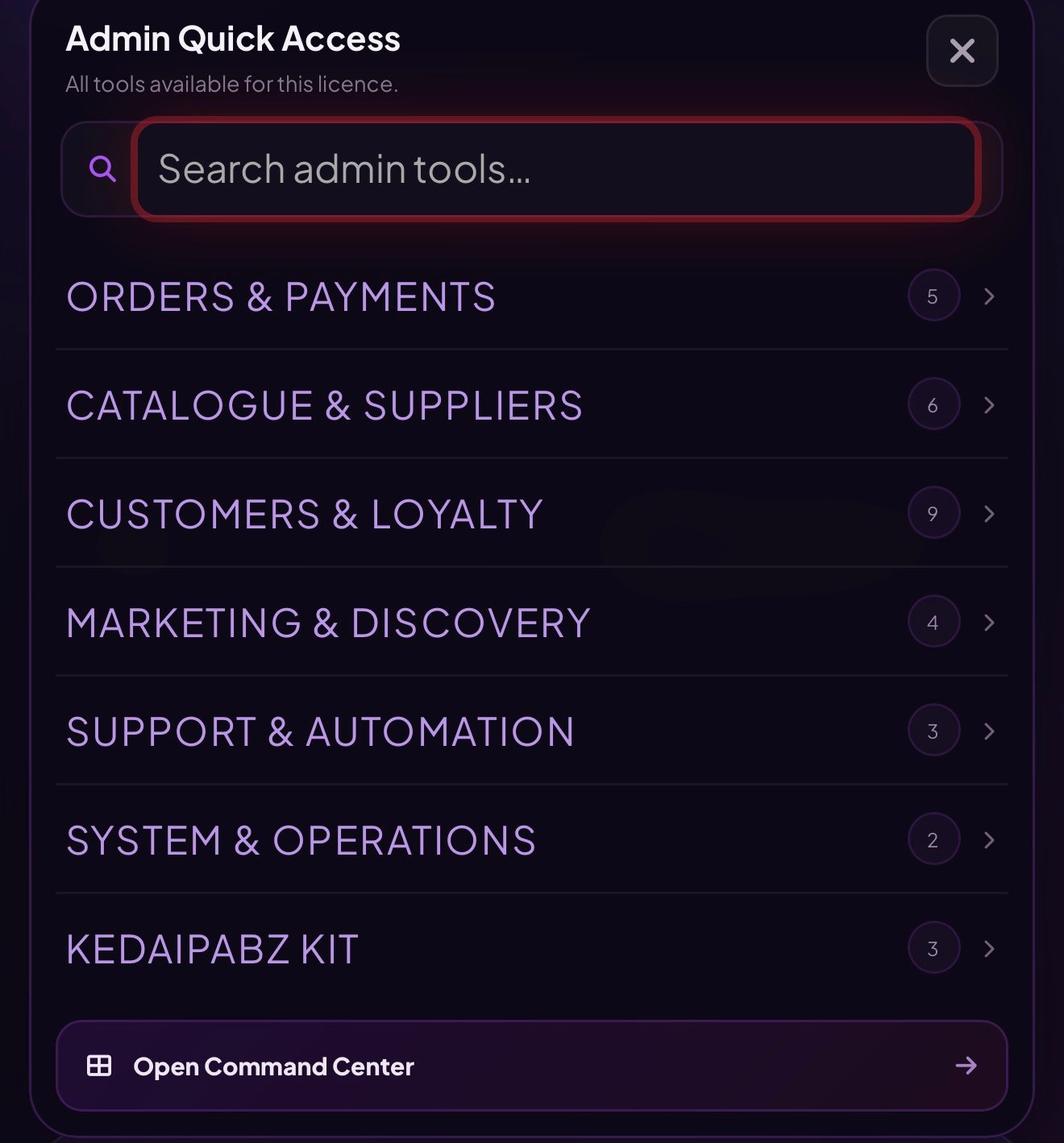 Admin Quick Access menu